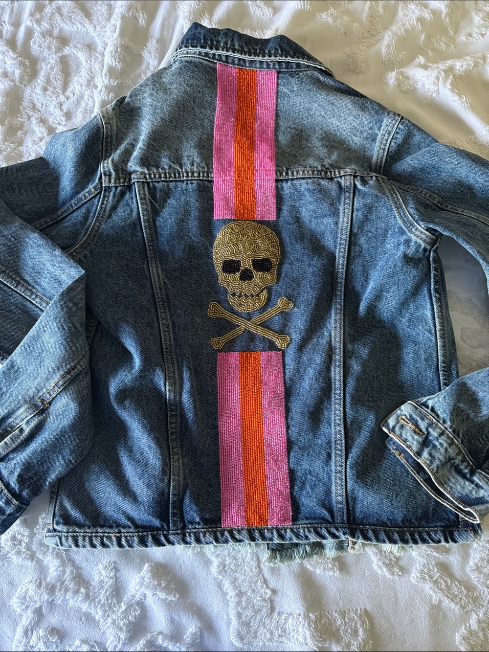 NWOT Embellished Denim Jacket with Beaded Skull Stripe